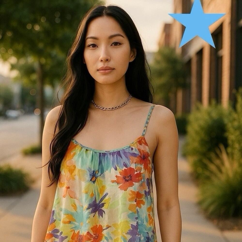 Charlie Jade Chiffon Tank Swing Floral Dress Multi Color EUC 100% Silk S 2 4 - Picture 3 of 11